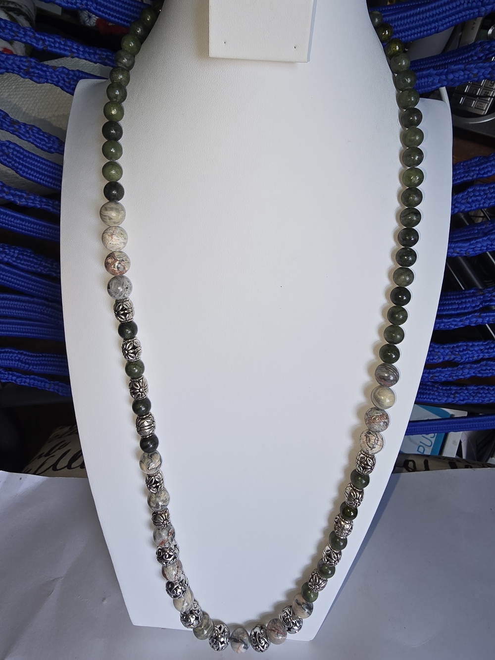 Green and Cream Beaded Necklace with Silver-Tone Accents